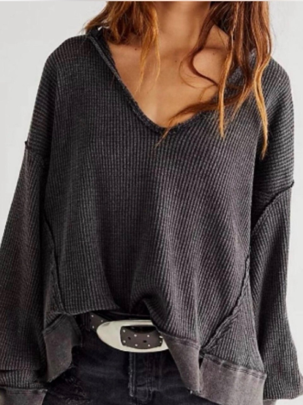 Free People Buttercup Thermal Top Charcoal Gray Oversized Deep V Neck